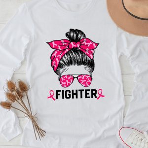 Fighter Messy Bun Breast Cancer Awareness Pink Warrior Longsleeve Tee