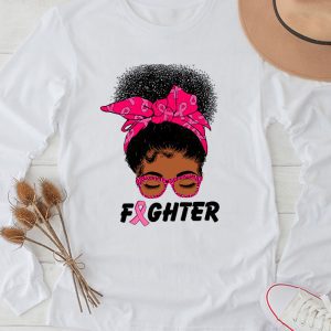 Fighter Messy Bun Breast Cancer Awareness Pink Warrior Longsleeve Tee