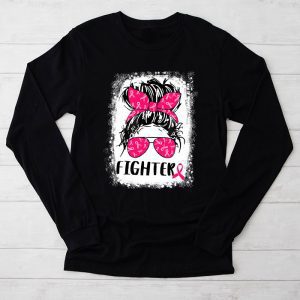 Fighter Messy Bun Breast Cancer Awareness Pink Warrior Longsleeve Tee