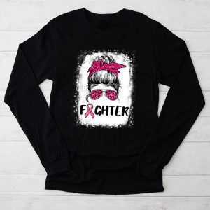 Fighter Breast Cancer Shirts Messy Bun Pink Ribbon Longsleeve Tee