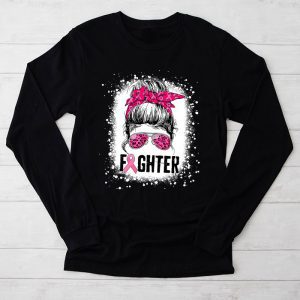 Fighter Messy Bun Breast Cancer Awareness Pink Warrior Longsleeve Tee