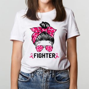 Fighter Messy Bun Breast Cancer Awareness Pink Warrior T Shirt 3