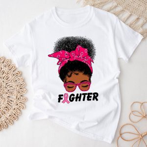 Fighter Breast Cancer Shirts Messy Bun Pink Ribbon T-Shirt