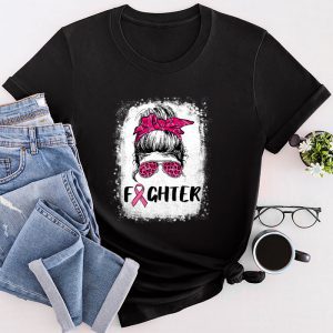 Fighter Breast Cancer Shirts Messy Bun Pink Ribbon T-Shirt