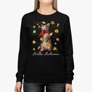 Funny Cat Leaf Fall Hello Autumn Cute Kitten Cat Lovers Longsleeve Tee 2 1