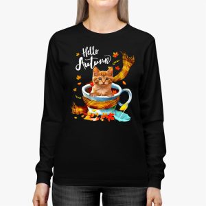 Funny Cat Leaf Fall Hello Autumn Cute Kitten Cat Lovers Longsleeve Tee 2 3