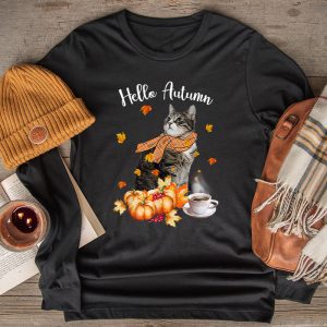 Thanksgiving Family Shirts Funny Cat Leaf Fall Hello Autumn Cat Lovers Longsleeve Tee