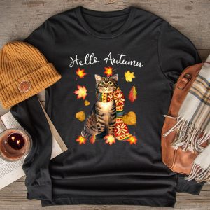 Thanksgiving Family Shirts Funny Cat Leaf Fall Hello Autumn Cat Lovers Longsleeve Tee