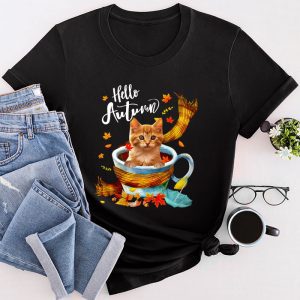 Funny Cat Leaf Fall Hello Autumn Cute Kitten Cat Lovers T-Shirt