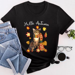 Thanksgiving Family Shirts Funny Cat Leaf Fall Hello Autumn Cat Lovers T-Shirt