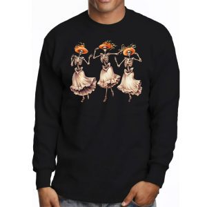 Funny Halloween Pumpkin Dancing Skeleton Costume Women Men Longsleeve Tee 3 4