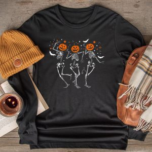 Funny Halloween Pumpkin Dancing Skeleton Costume Women Men Longsleeve Tee
