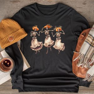 Funny Halloween Shirts Pumpkin Dancing Skeleton Costume Special Longsleeve Tee