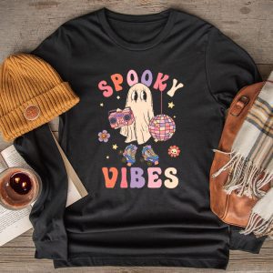 Halloween Costume Shirts Groovy Halloween Spooky Vibes Retro Floral Ghost Longsleeve Tee