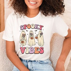 Groovy Halloween Spooky Vibes Retro Floral Ghost Costume T Shirt 2 4