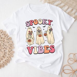 Halloween Costume Shirts Groovy Halloween Spooky Vibes Retro Floral Ghost T-Shirt