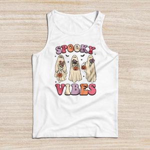 Halloween Costume Shirts Groovy Halloween Spooky Vibes Retro Floral Ghost Tank Top