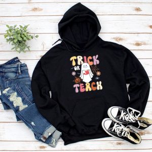 Groovy Halloween Trick or Teach Retro Floral Ghost Teacher Hoodie 1 2