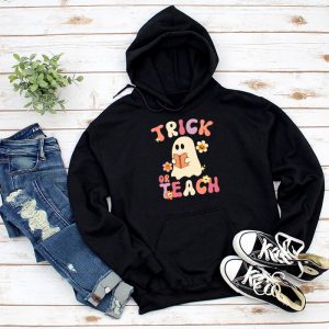 Groovy Halloween Trick or Teach Retro Floral Ghost Teacher Hoodie 1 3