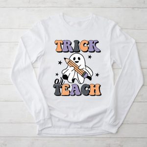 Halloween Teacher Shirts Groovy Halloween Trick or Teach Retro Floral Ghost Perfect Teacher Longsleeve Tee