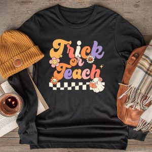 Halloween Teacher Shirts Groovy Halloween Trick or Teach Retro Floral Ghost Perfect Teacher Longsleeve Tee