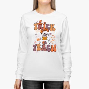 Groovy Halloween Trick or Teach Retro Floral Ghost Teacher Longsleeve Tee 2 1