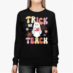 Groovy Halloween Trick or Teach Retro Floral Ghost Teacher Longsleeve Tee 2 2