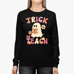 Groovy Halloween Trick or Teach Retro Floral Ghost Teacher Longsleeve Tee 2 3