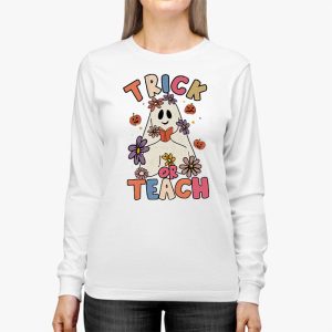 Groovy Halloween Trick or Teach Retro Floral Ghost Teacher Longsleeve Tee 2