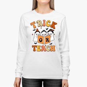 Groovy Halloween Trick or Teach Retro Floral Ghost Teacher Longsleeve Tee 2 4