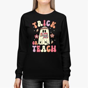 Groovy Halloween Trick or Teach Retro Floral Ghost Teacher Longsleeve Tee 2 5