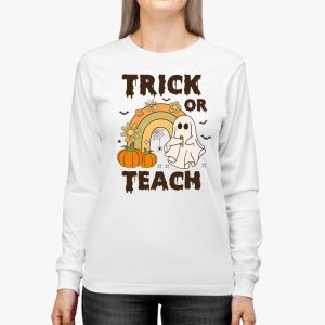 Groovy Halloween Trick or Teach Retro Floral Ghost Teacher Longsleeve Tee 2 6