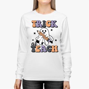 Groovy Halloween Trick or Teach Retro Floral Ghost Teacher Longsleeve Tee 2 7