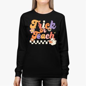 Groovy Halloween Trick or Teach Retro Floral Ghost Teacher Longsleeve Tee 2 8