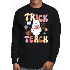 Groovy Halloween Trick or Teach Retro Floral Ghost Teacher Longsleeve Tee 3 2