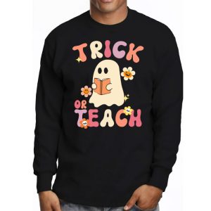 Groovy Halloween Trick or Teach Retro Floral Ghost Teacher Longsleeve Tee 3 3