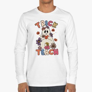 Groovy Halloween Trick or Teach Retro Floral Ghost Teacher Longsleeve Tee 3