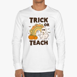 Groovy Halloween Trick or Teach Retro Floral Ghost Teacher Longsleeve Tee 3 6