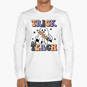 Groovy Halloween Trick or Teach Retro Floral Ghost Teacher Longsleeve Tee 3 7