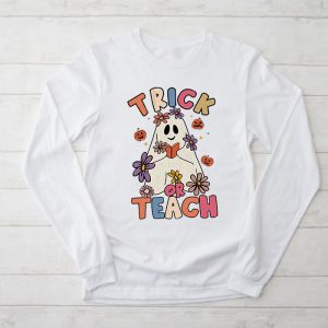 Groovy Halloween Trick or Teach Retro Floral Ghost Teacher Longsleeve Tee