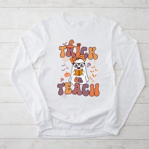 Groovy Halloween Trick or Teach Retro Floral Ghost Teacher Longsleeve Tee