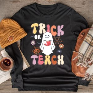 Groovy Halloween Trick or Teach Retro Floral Ghost Teacher Longsleeve Tee