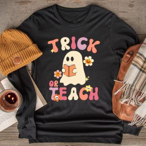 Groovy Halloween Trick or Teach Retro Floral Ghost Teacher Longsleeve Tee