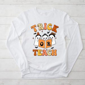 Halloween Teacher Shirts Groovy Halloween Trick or Teach Retro Floral Ghost Perfect Teacher Longsleeve Tee