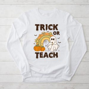 Groovy Halloween Trick or Teach Retro Floral Ghost Teacher Longsleeve Tee