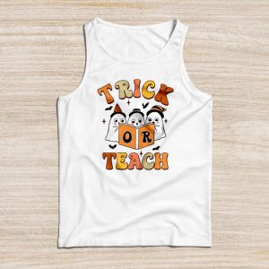 Halloween Teacher Shirts Groovy Halloween Trick or Teach Retro Floral Ghost Teacher Tank Top