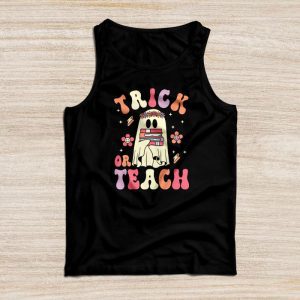 Halloween Teacher Shirts Groovy Halloween Trick or Teach Retro Floral Ghost Teacher Tank Top