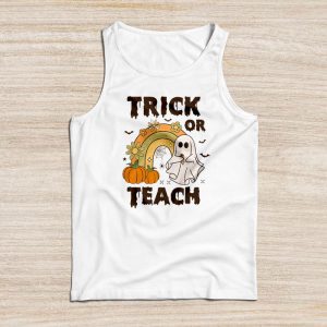 Halloween Teacher Shirts Groovy Halloween Trick or Teach Retro Floral Ghost Teacher Tank Top