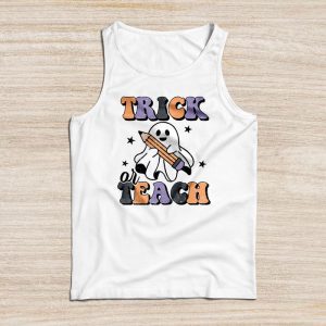 Halloween Teacher Shirts Groovy Halloween Trick or Teach Retro Floral Ghost Teacher Tank Top