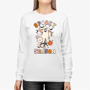 Groovy Spooky Season Cute Ghost Holding Pumpkin Halloween Longsleeve Tee 2